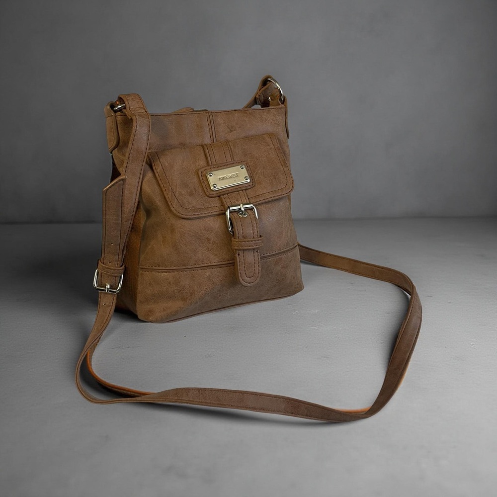 Nine West Crossbody Tan Faux Leather Buckle Bag Clean Minimalist Style